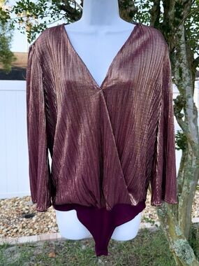 Eva Mendes Metallic Pleated Wrap Bodysuit Burgundy Gold Long Sleeve Size M